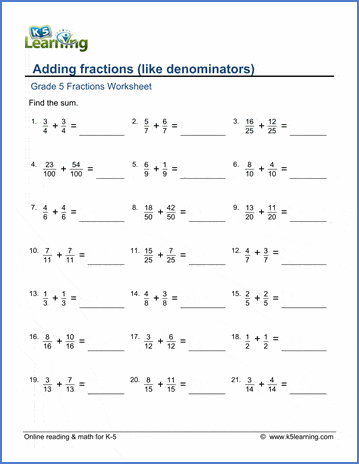 worksheet adding fractions with like denominators