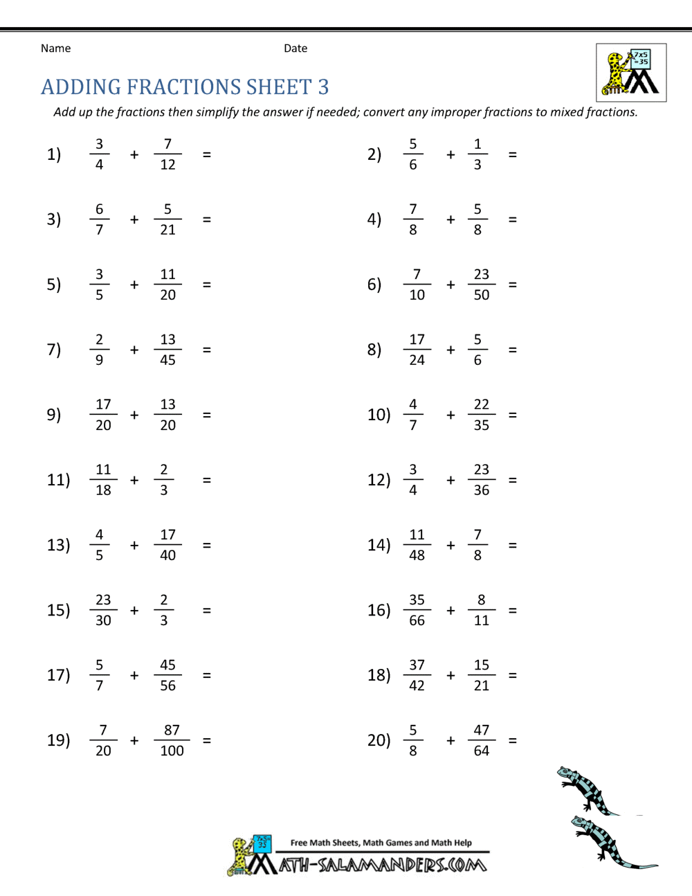 worksheet adding fractions
