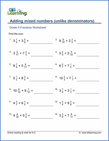 Add mixed numbers (unlike denominators) worksheets | Worsheets library