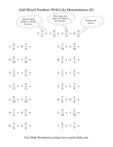 Add Mixed Numbers With Like Denominators (E) Worksheet for 4th ...