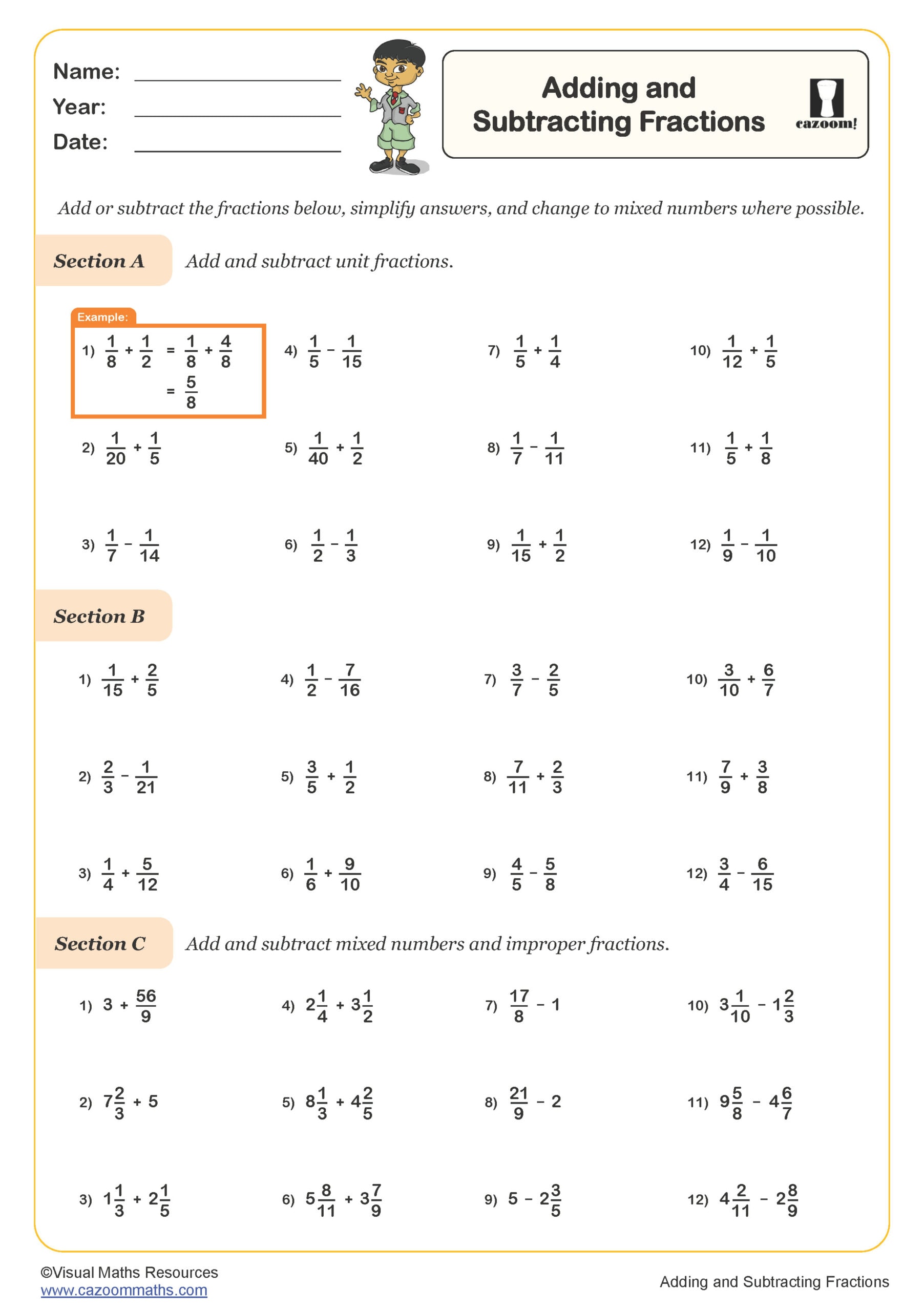 worksheet adding subtracting fractions unlike denominators pdf