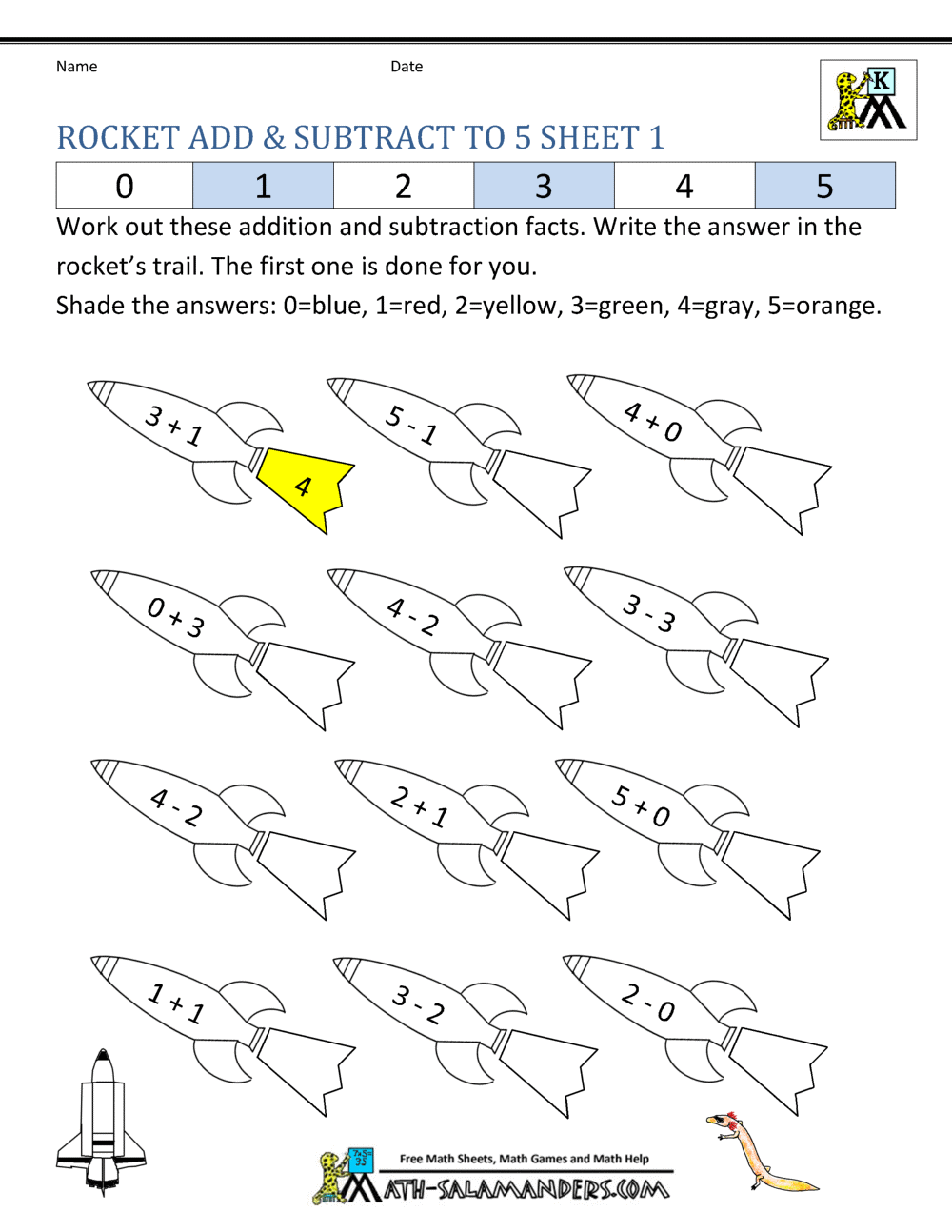 Addition Subtraction to 5 Worksheets for Kindergarten