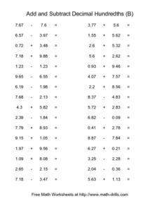 Add and Subtract Decimal Hundredths (B) Worksheet for 4th - 6th ...