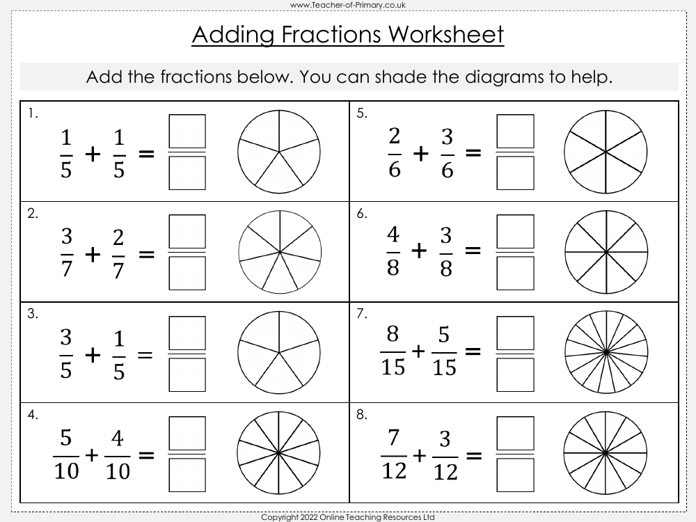 worksheet addition and subtraction of fractions