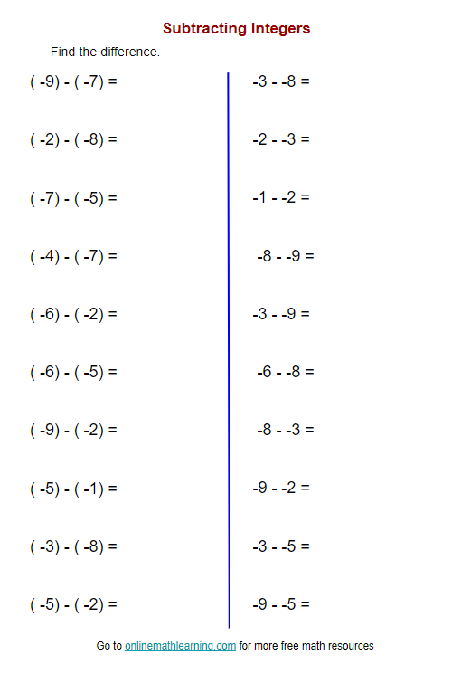 worksheet addition and subtraction of integers