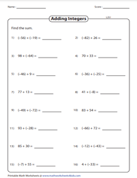 worksheet addition and subtraction of integers