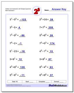 Exponents Worksheets: Mixed Addition And Subtraction with Exponents