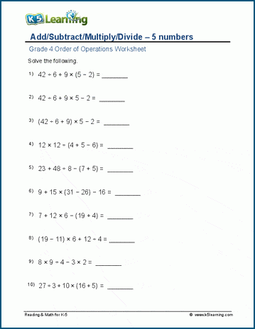 Order of operations worksheets (5 terms) | Worsheets library