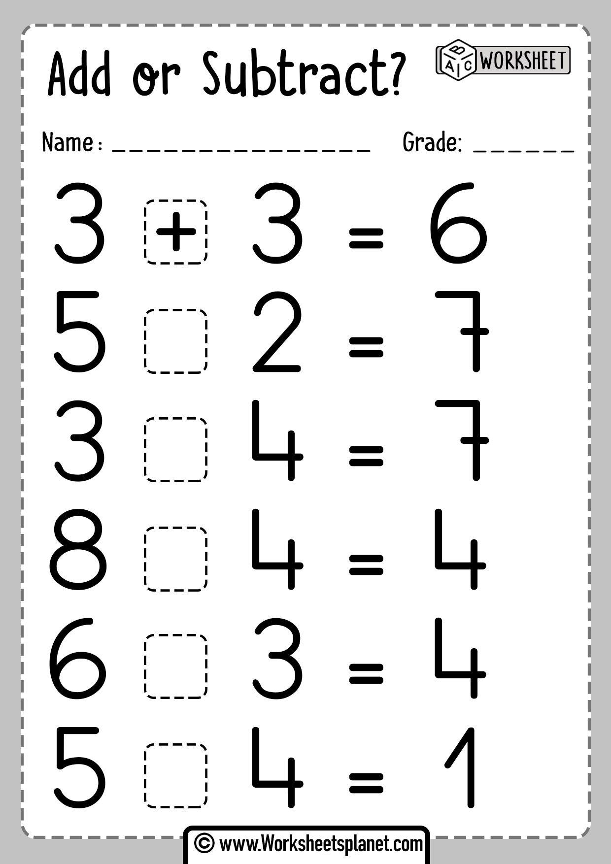 Addition or Subtraction Worksheets
