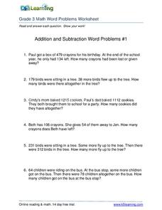 worksheet addition and subtraction word problems