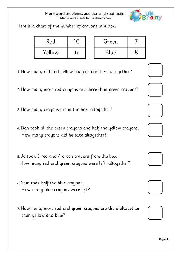 worksheet addition and subtraction word