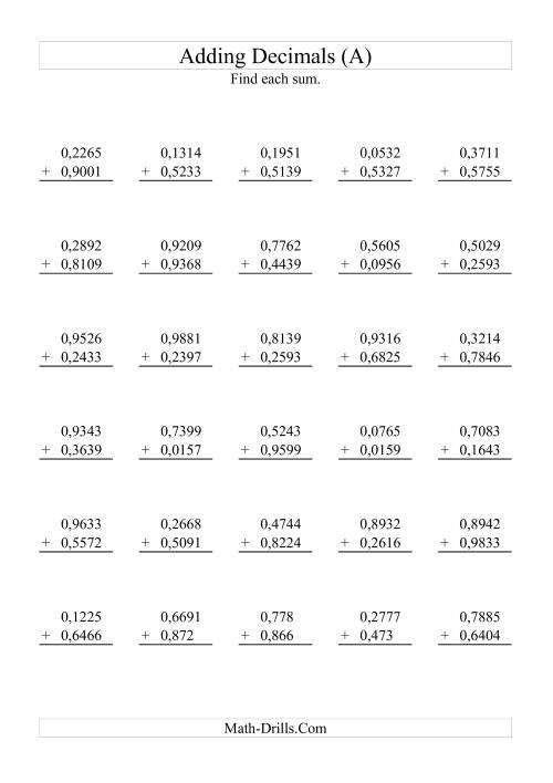 worksheet addition of decimals