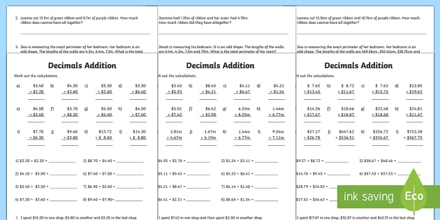 worksheet addition of decimals