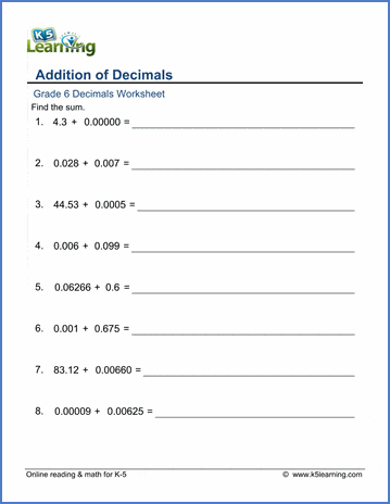 worksheet addition of decimals