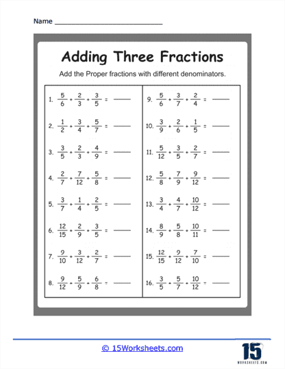 worksheet addition of fractions with