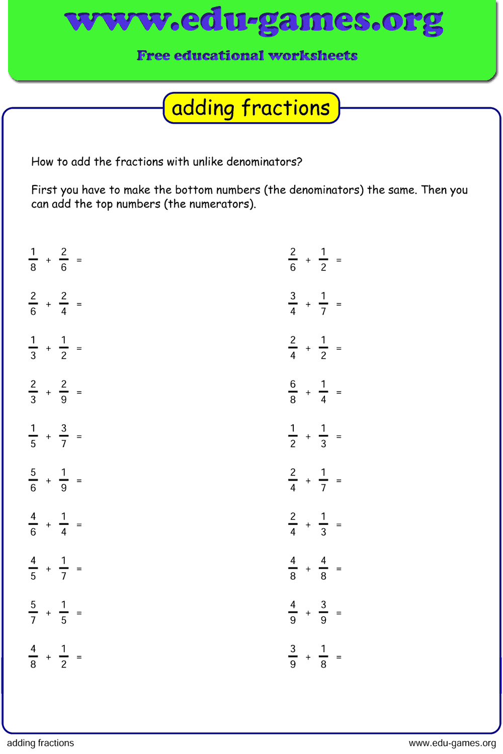 The Adding Fraction Worksheet generator. | edu-games.org.