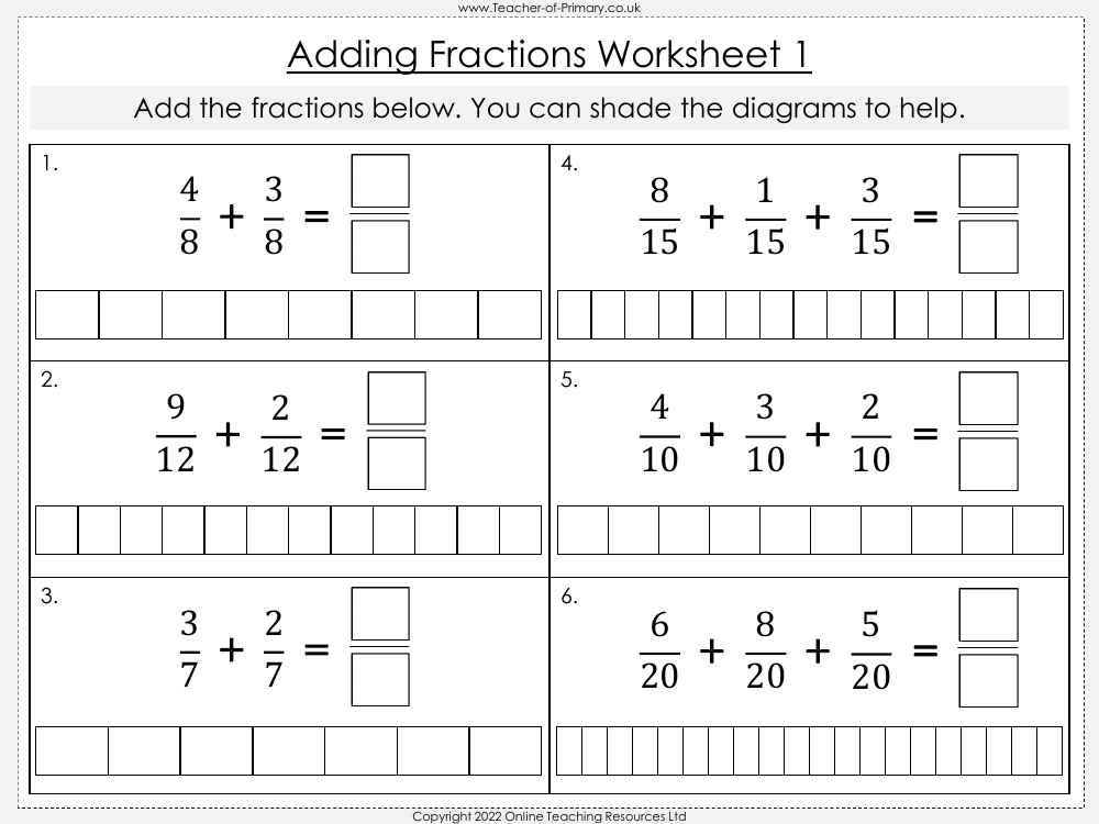 worksheet addition of fractions