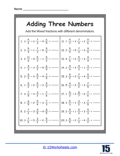 worksheet addition of fractions