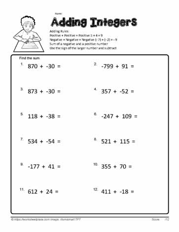 worksheet addition of integers
