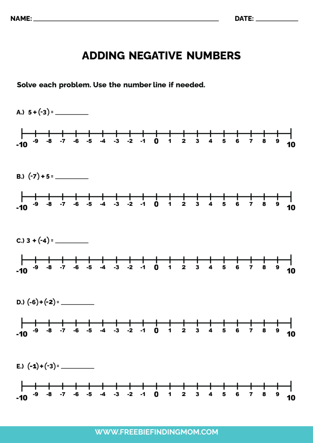 worksheet addition of negative