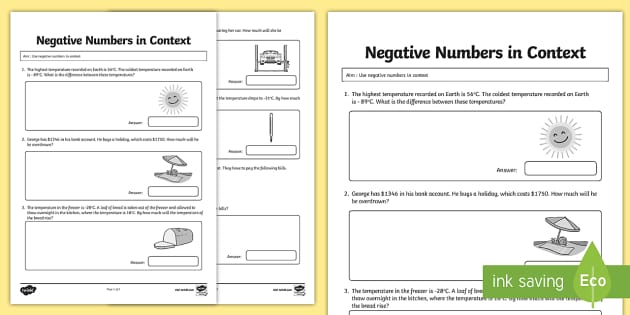 Contextual Addition Of Negative Numbers Worksheet - Twinkl