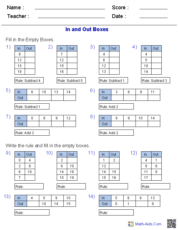 Function Table Worksheets | Function Table &  In and Out Boxes ...