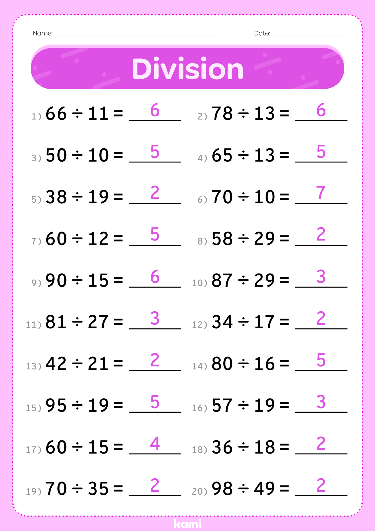 Division Worksheet Purple | Answer Key for Teachers | Perfect for ...