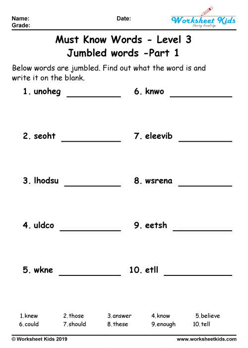 Unscramble jumbled words puzzle for grade 3 worksheets - Free ...