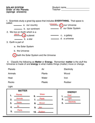 Order of Planets (Worksheet answers ) | PDF