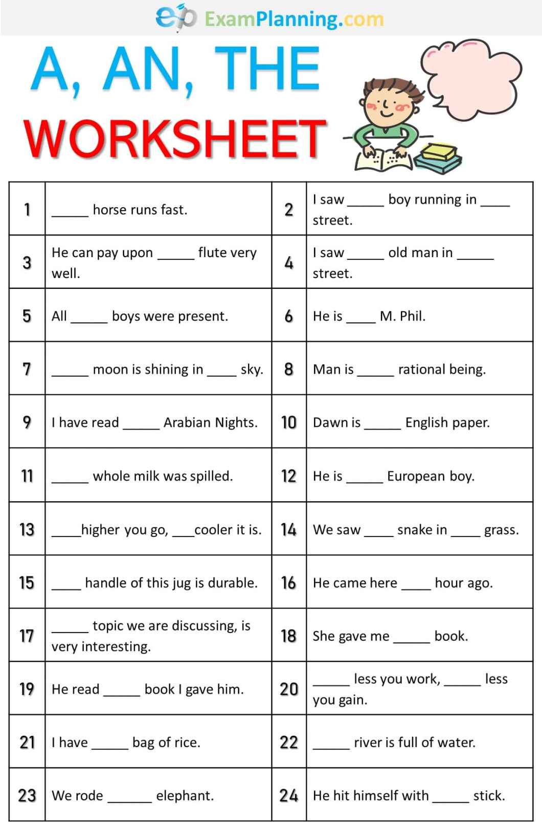 A, An, The Worksheet with Answers - ExamPlanning