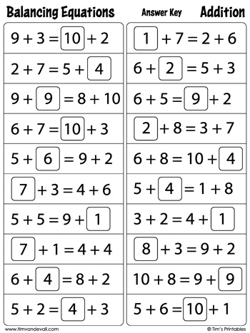Balancing Equations Worksheet - Addition - Tims Printables