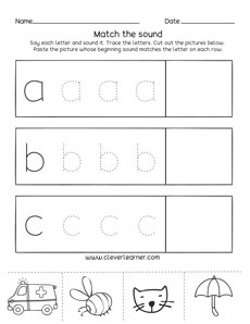 Letter a, b, c sounds matching phonics worksheets for preschool ...
