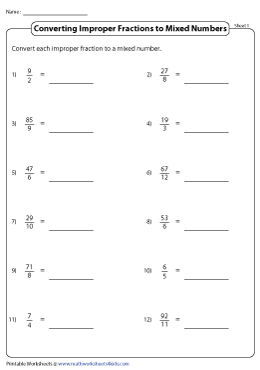 Convert Improper Fractions and Mixed Numbers Worksheets