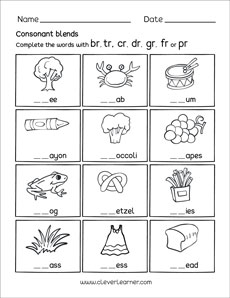 Free consonant blends with r worksheets for preschool children