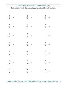 worksheet convert fractions to decimals