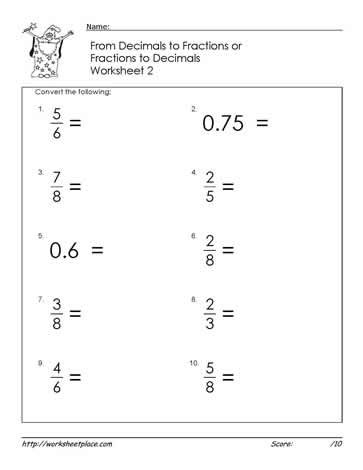 worksheet converting fractions to