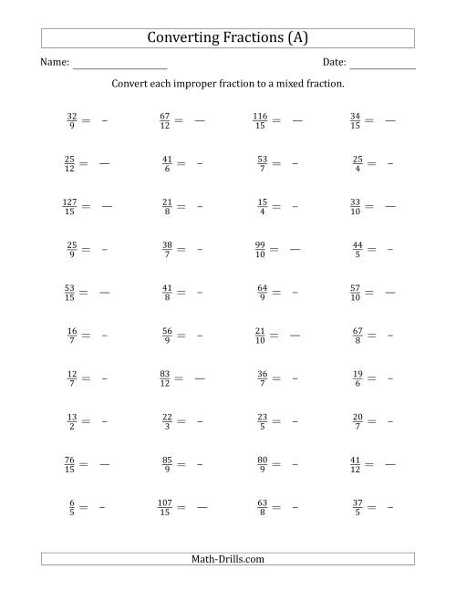 Converting Improper Fractions to Mixed Fractions (A)