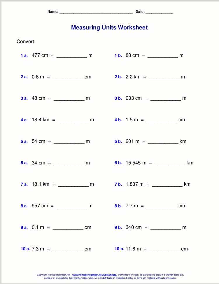worksheet converting units of measurement