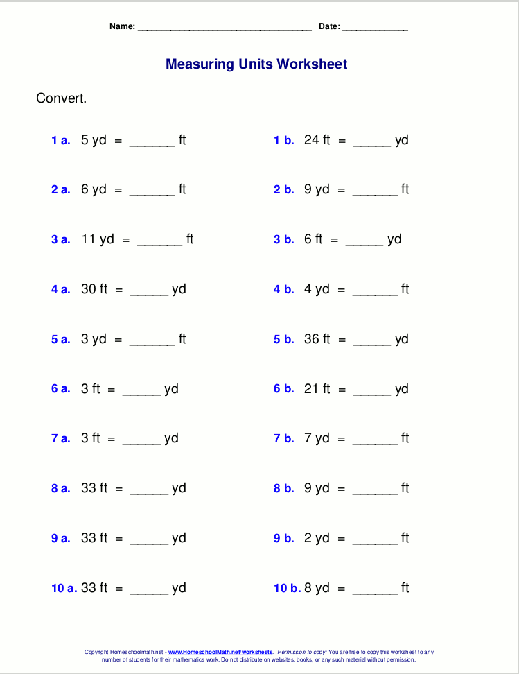 Customary measuring units worksheets