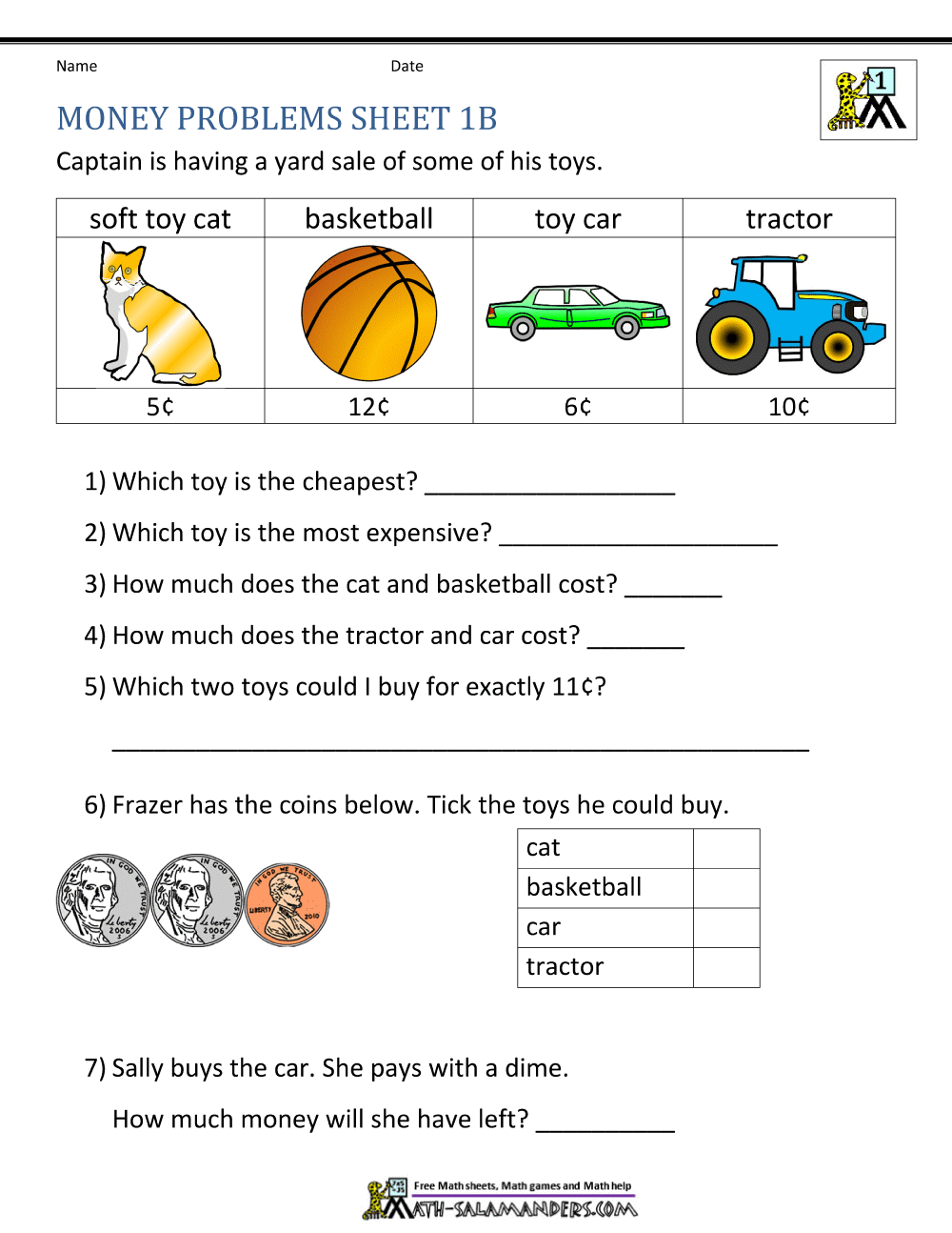 Money Worksheets for First Grade