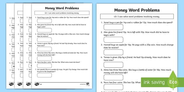 worksheet counting money word problems