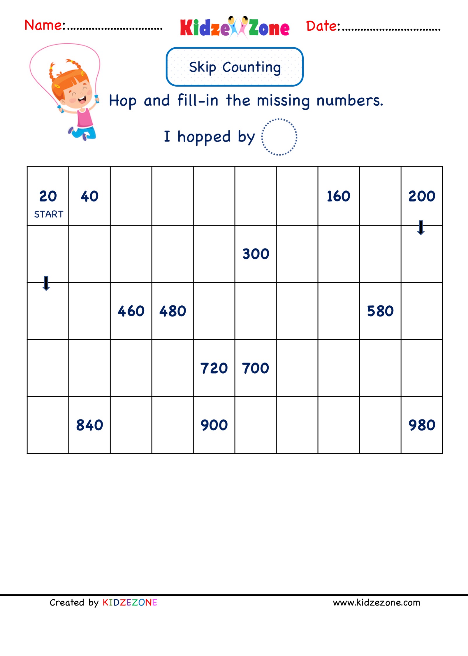 Grade 2 Math Number Practice worksheets - Skip Counting by 20