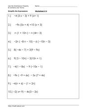 Use the Distributive Property and Combine Like Terms #4 Worksheet ...