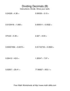 worksheet dividing decimals 6th grade