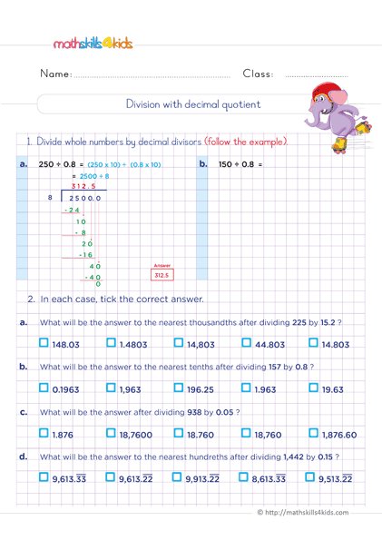worksheet dividing decimals 6th grade