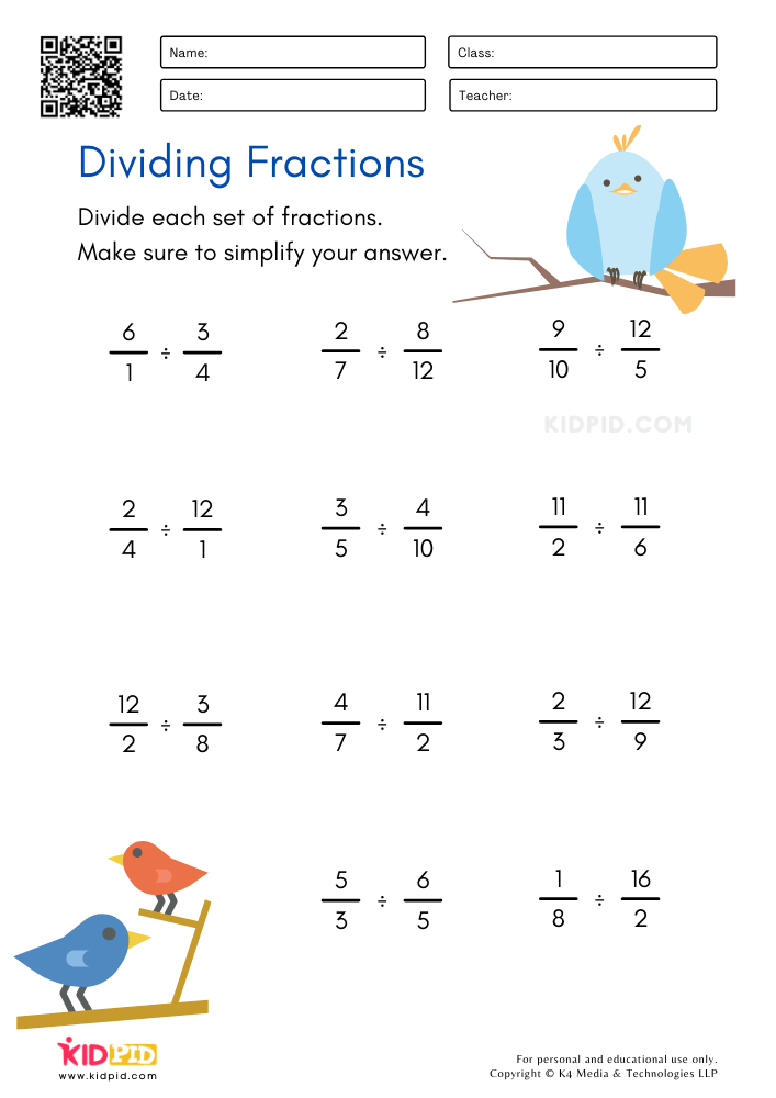 Dividing Fractions Worksheets for Kids - Kidpid