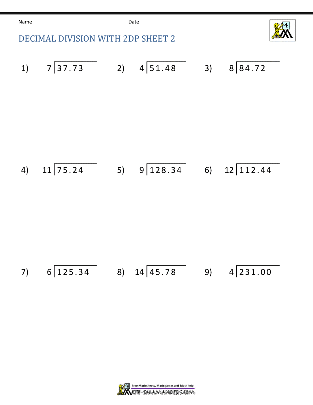 Division of Decimal Numbers Worksheets
