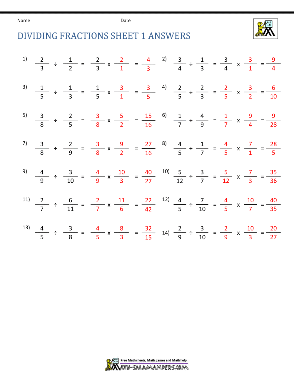worksheet division of fractions
