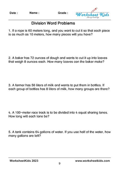 Division Word Problems Worksheets for Grade 3-5: Simple to long