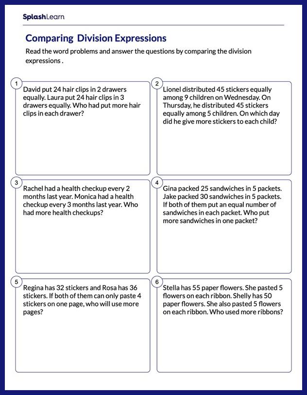 Word Problems on Comparing Division Expression - Math Worksheets ...